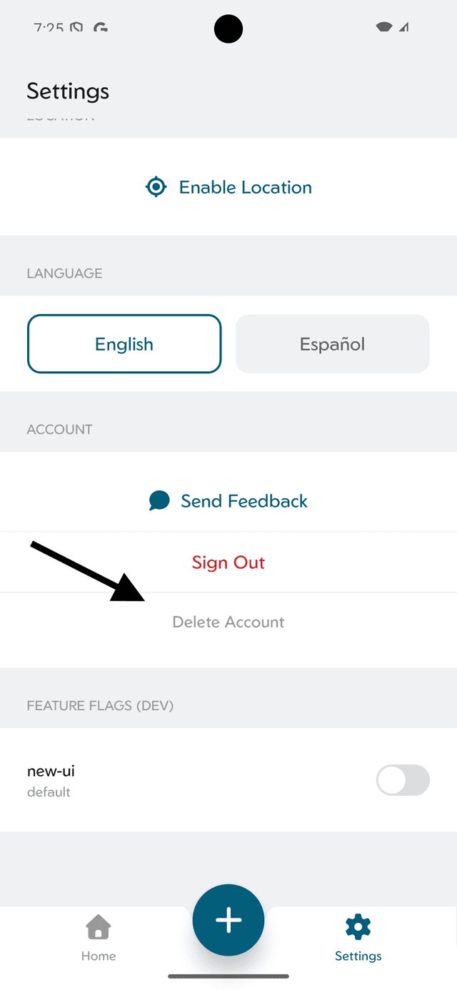 Settings screen showing the Delete Account option at the bottom, below Sign Out