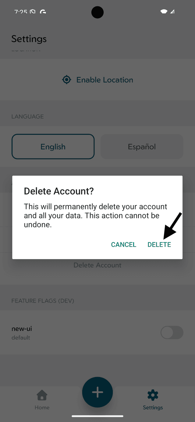 Confirmation dialog asking to permanently delete account, with Cancel and Delete buttons